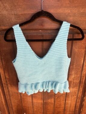 Pink Lily Poolside Pretty Aqua Ruffle Hem Sweater Tank, size S, NWOT